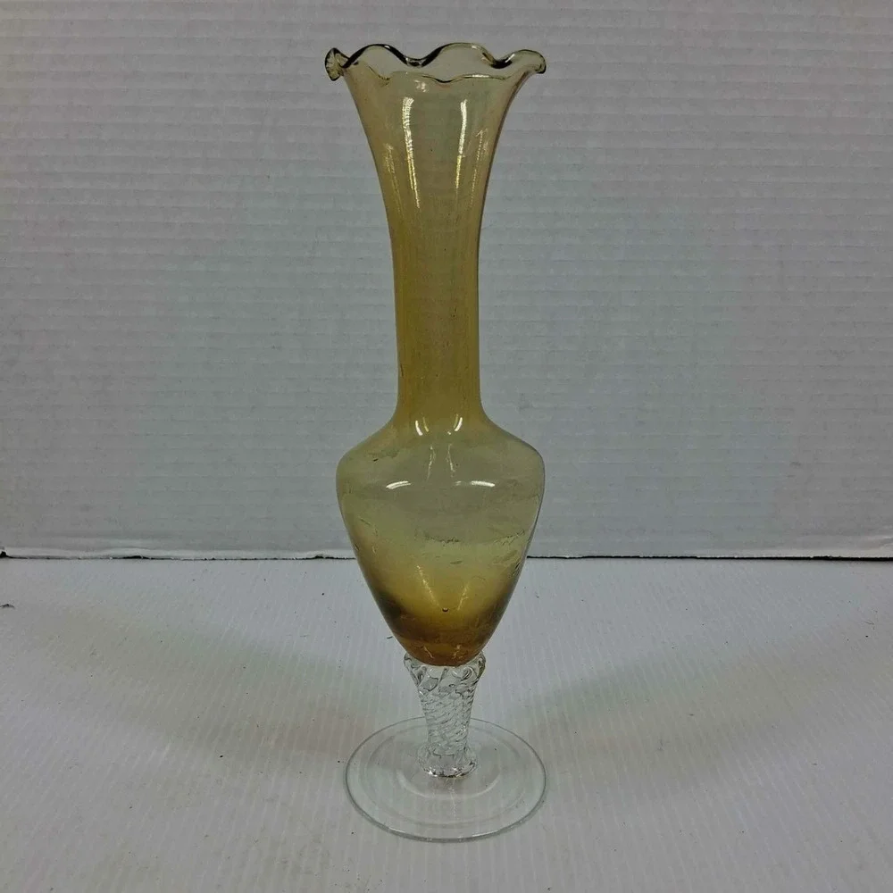 Vintage Amber Hand Blown Glass Bud Vase Twisted Stem Ruffled Rim 7.5 Inch MCM